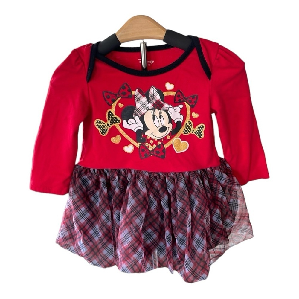 🩷Disney🩷 Minnie infant Red And Black Long sleeve Graphic Plaid tutu dress 18 m